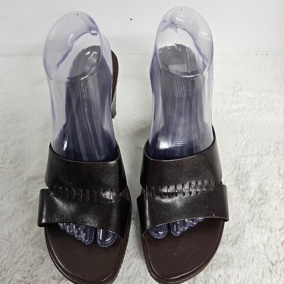 Zu Chocolate Brown Leather Whipstitch Slide On Heeleed Sandal Size 9 - Picture 11 of 15
